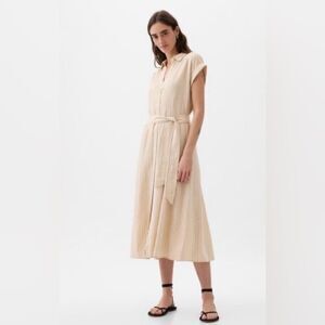 Linen blend Button down Shirt Midi Dress cream Striped Size M Minimalist